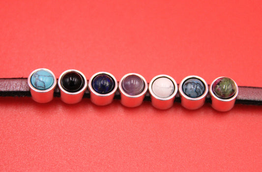FS0593>>MADE IN EUROPE 2 zamak sliders with natural stone 6mm cabochon, flat 5mm cord sliders, 5mm flat cord sliders, Qty2