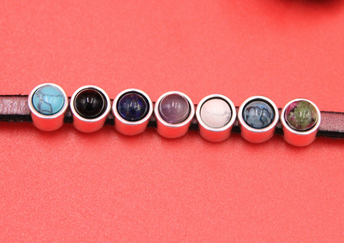 FS0593>>MADE IN EUROPE 2 zamak sliders with natural stone 6mm cabochon, flat 5mm cord sliders, 5mm flat cord sliders, Qty2