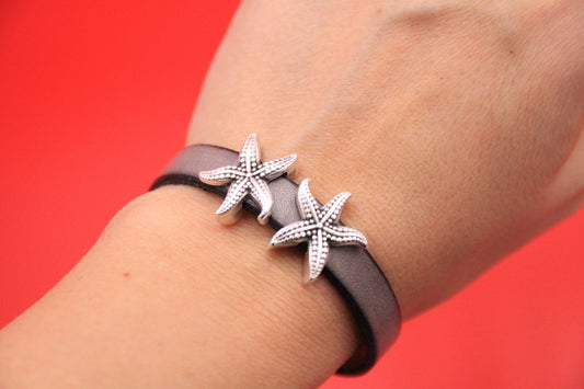 FS0590>> MADE IN EUROPE 2 zamak starfish sliders, 10mm flat cord sea star slider, 10mm silver starfish sliders Qty2