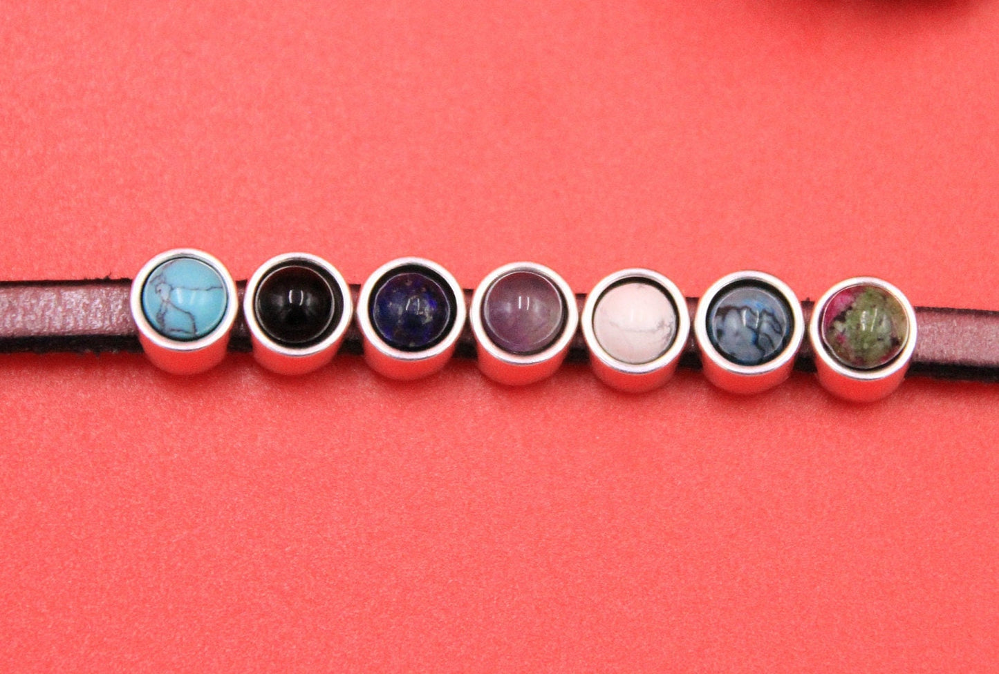 FS0593>>MADE IN EUROPE 2 zamak sliders with natural stone 6mm cabochon, flat 5mm cord sliders, 5mm flat cord sliders, Qty2