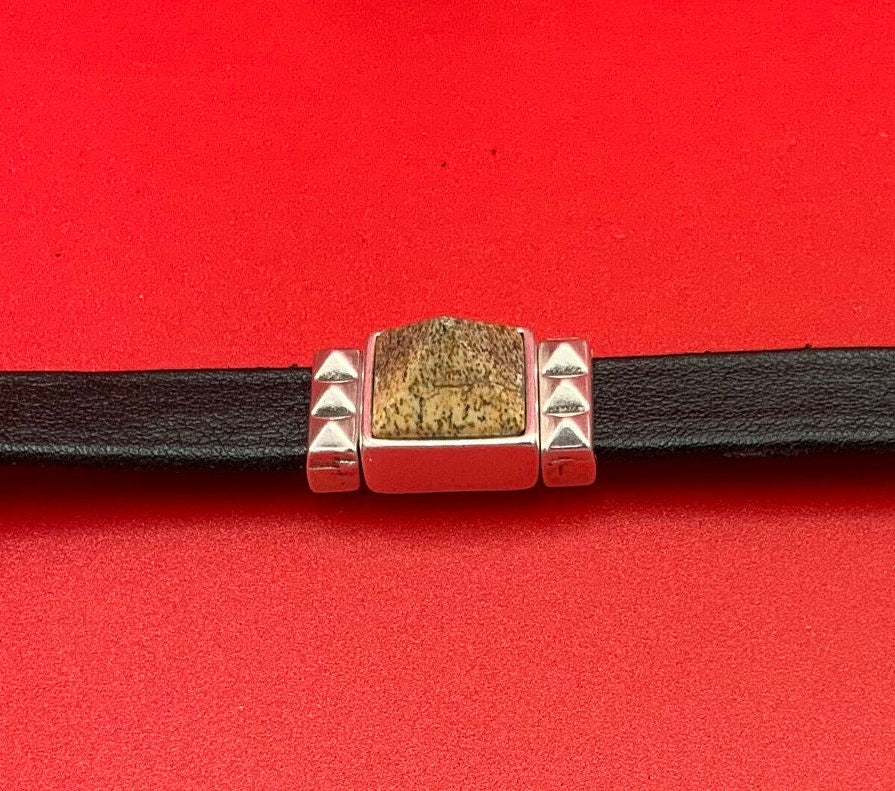 FS0623>>MADE IN EUROPE zamak square slider with natural gemstone, 10mm flat cord slider with natural stone cabochon, Qty1
