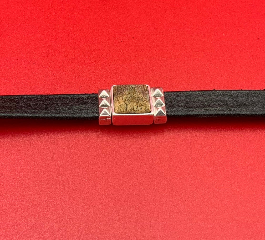 FS0623>>MADE IN EUROPE zamak square slider with natural gemstone, 10mm flat cord slider with natural stone cabochon, Qty1