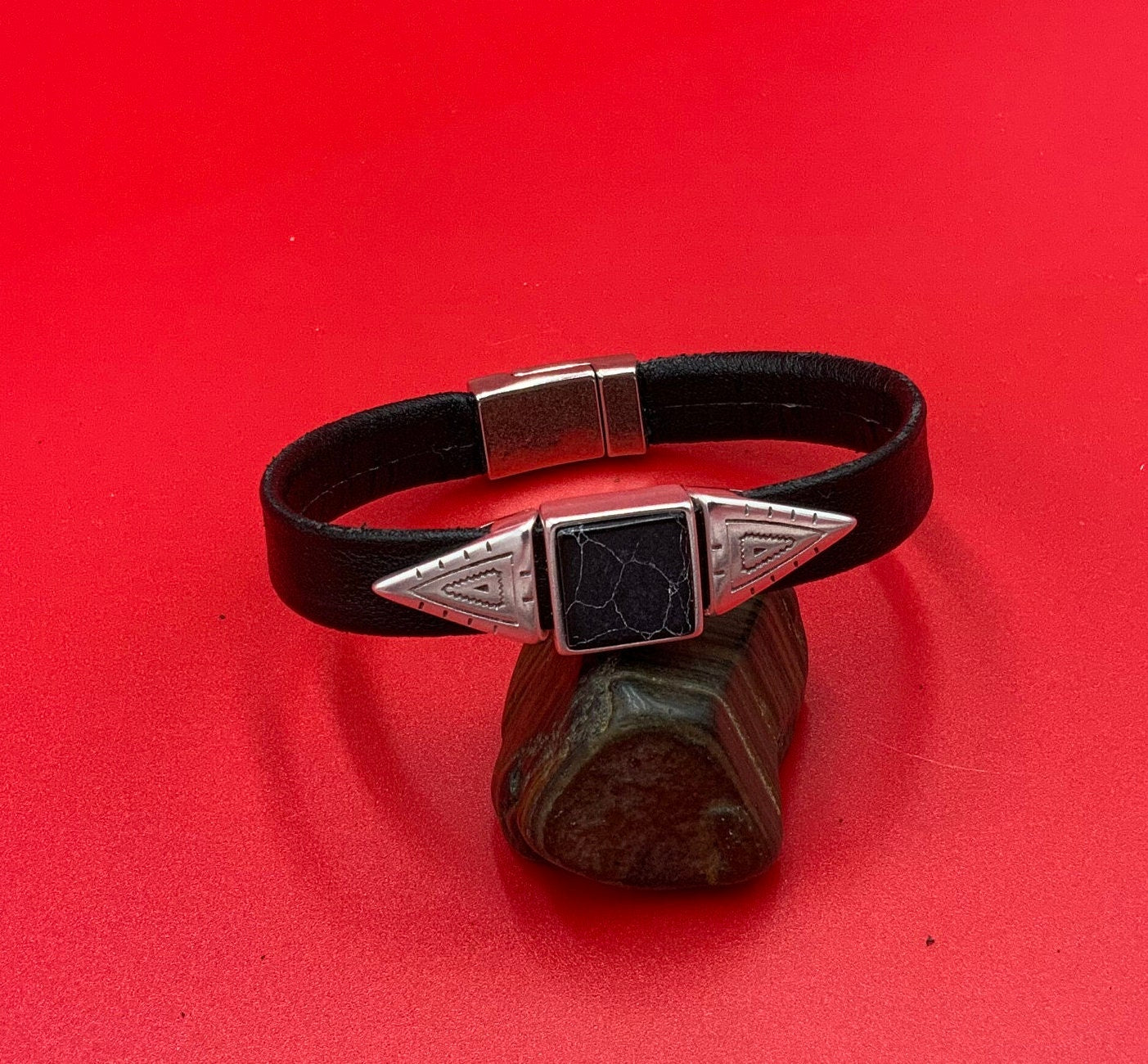 FS0624>>MADE IN EUROPE zamak square slider with natural gemstone, 10mm flat cord slider with natural stone cabochon, Qty1