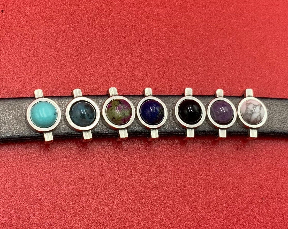 FS0625>>MADE IN EUROPE 2 zamak sliders with natural gemstone, 10mm flat cord slider with natural stone cabochon, Qty2