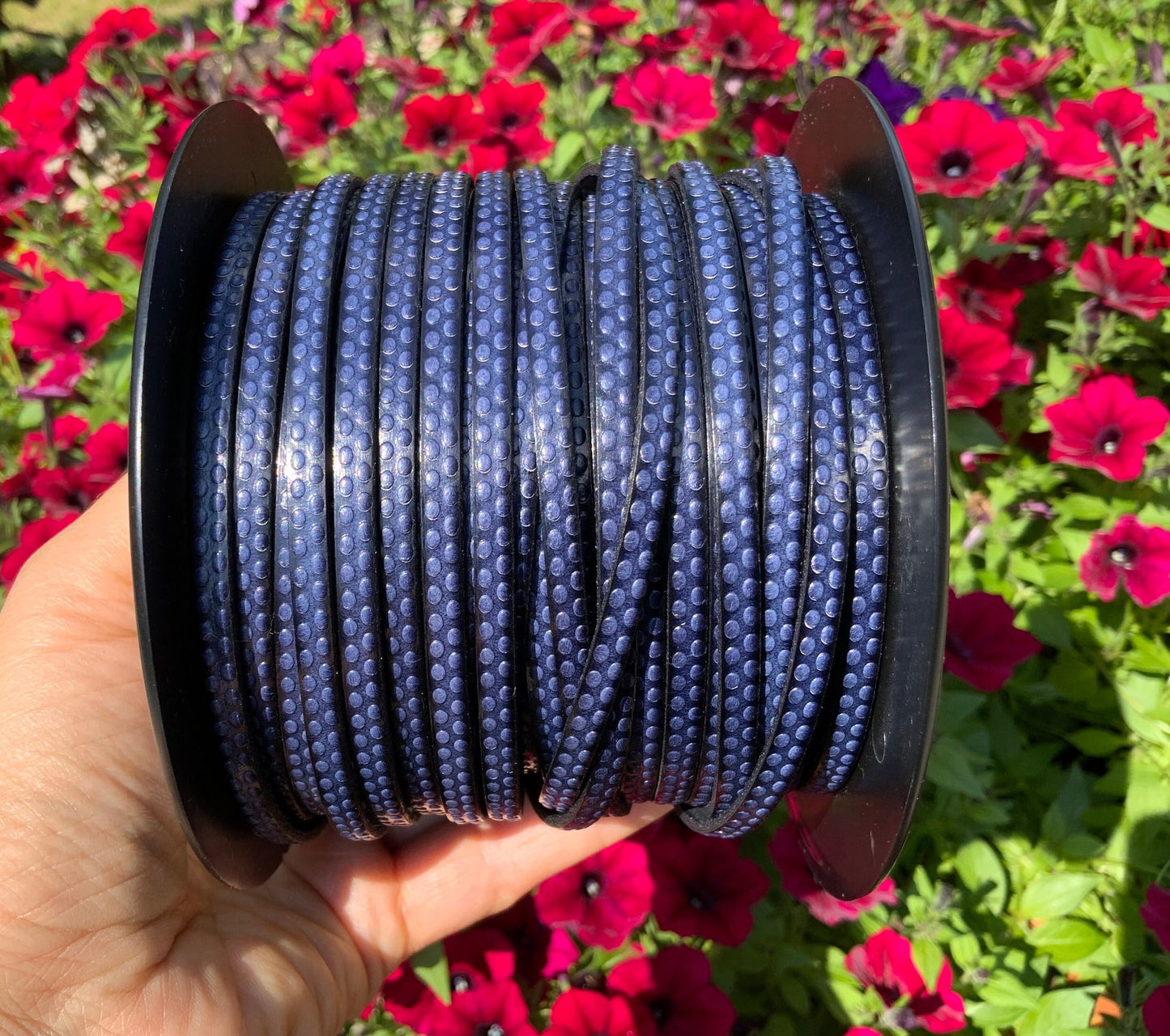 MADE in EUROPE 24" flat leather cord, polka dot embossed 5mm blue leather cord, genuine leather cord (AR110/05/20)