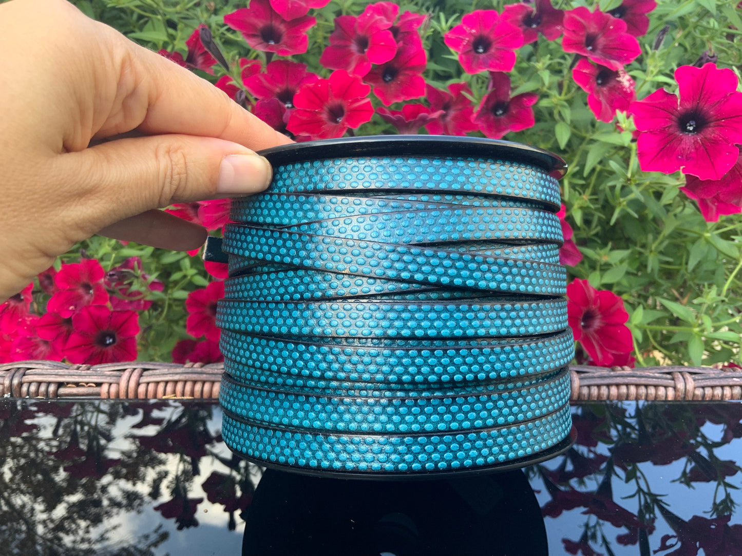 MADE in EUROPE 24" flat engraved leather cord, 10mm leather cord, dotts embossed leather cord (AR110/10/19)