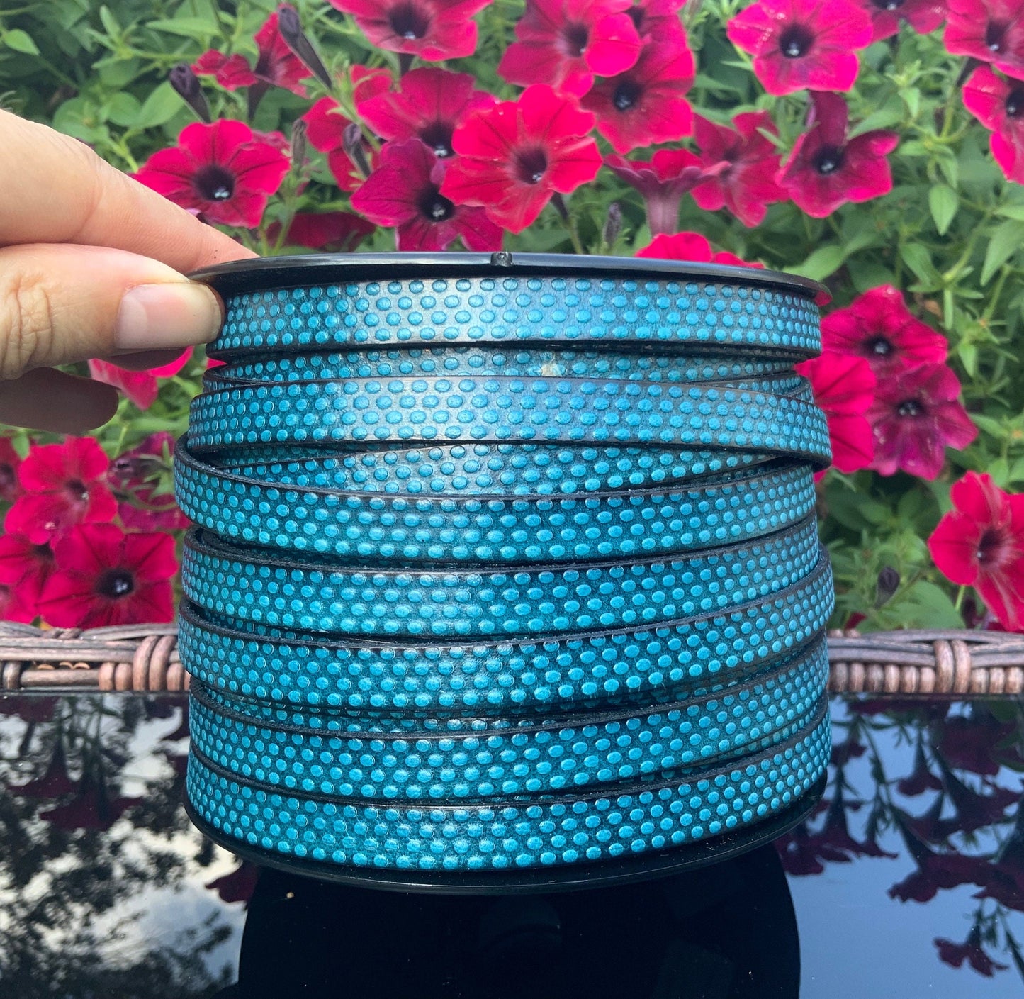 MADE in EUROPE 24" flat engraved leather cord, 10mm leather cord, dotts embossed leather cord (AR110/10/19)