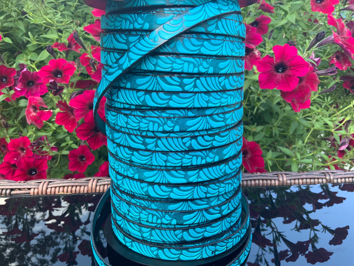 MADE in EUROPE 24" flat leather cord, 10mm leather cord, floral embossed leather cord (AR150/10/18)