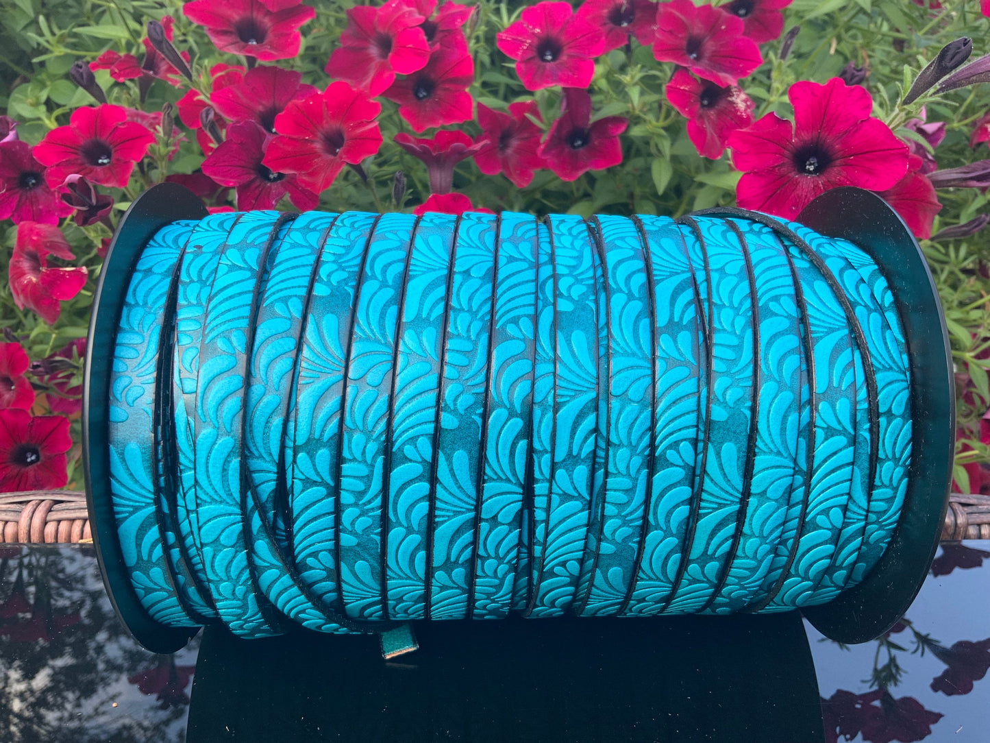 MADE in EUROPE 24" flat leather cord, 10mm leather cord, floral embossed leather cord (AR150/10/18)