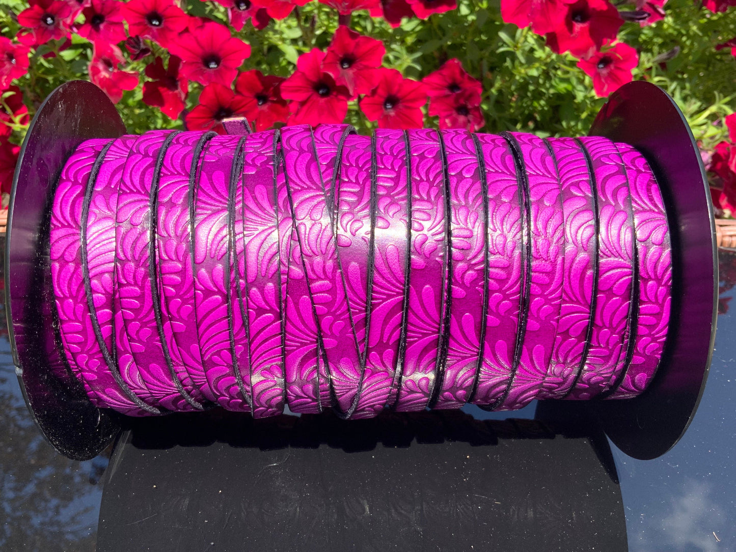 MADE in EUROPE 24" flat leather cord, 10mm leather cord, cyclamen embossed leather cord (AR150/10/24)