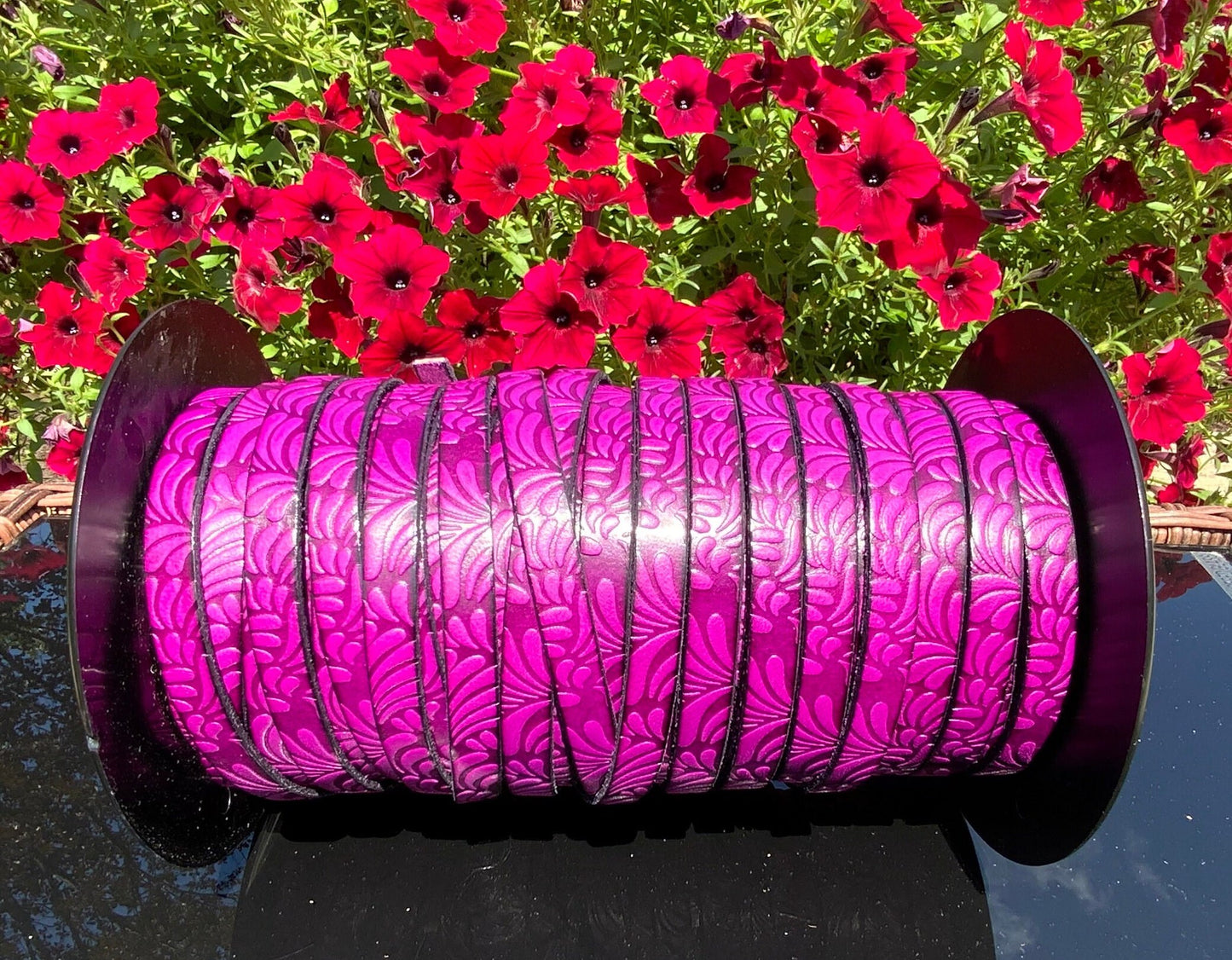 MADE in EUROPE 24" flat leather cord, 10mm leather cord, cyclamen embossed leather cord (AR150/10/24)
