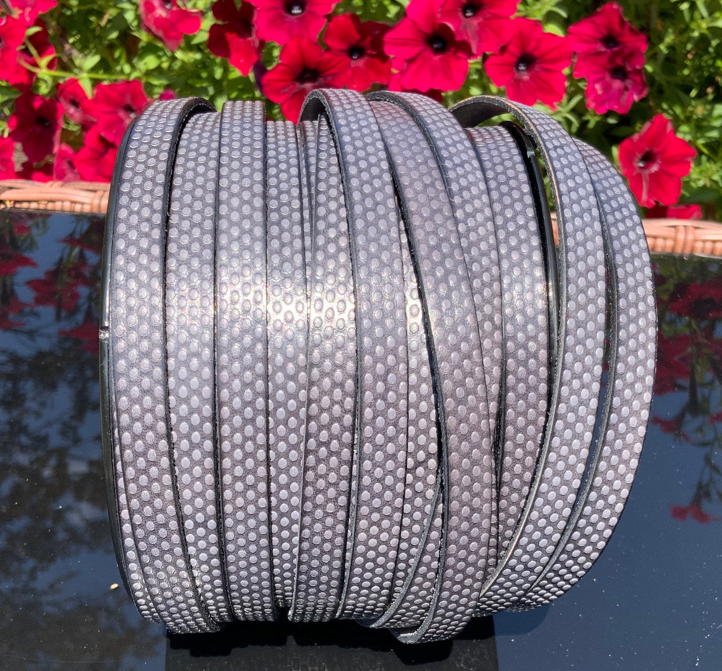 MADE in EUROPE 24" flat leather cord, embossed 10mm gray leather cord, engraved leather cord (AR110/10/32)