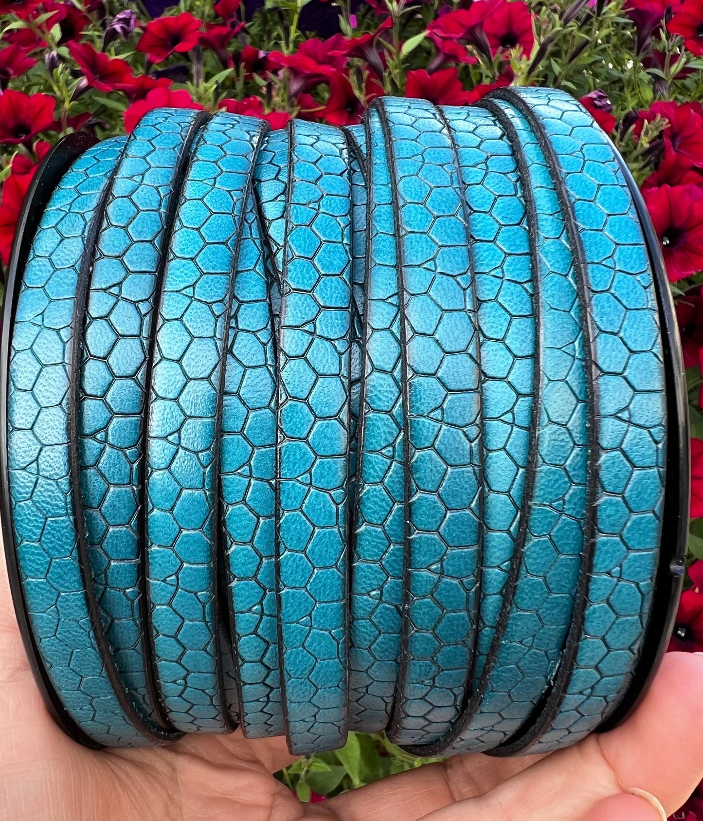 MADE in EUROPE 24" flat engraved leather cord, 10mm crocodile skin embossed cow leather cord, alligator skin embossed cord (AR250/10/19)