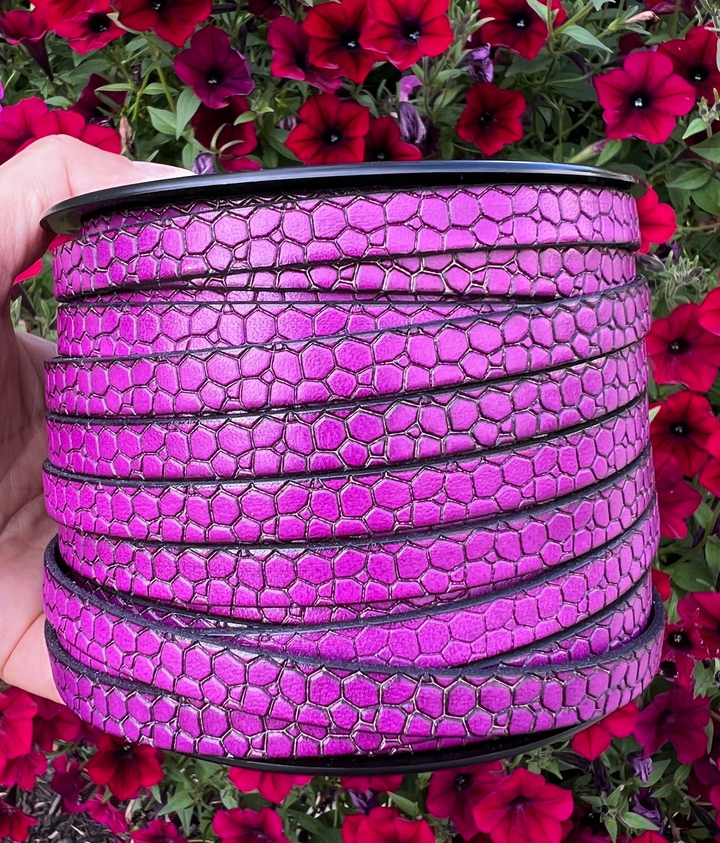 MADE in EUROPE 24" flat leather cord, alligator skin embossed 10mm  leather cord, 10mm cyclamen engraved leather cord (AR250/10/24)