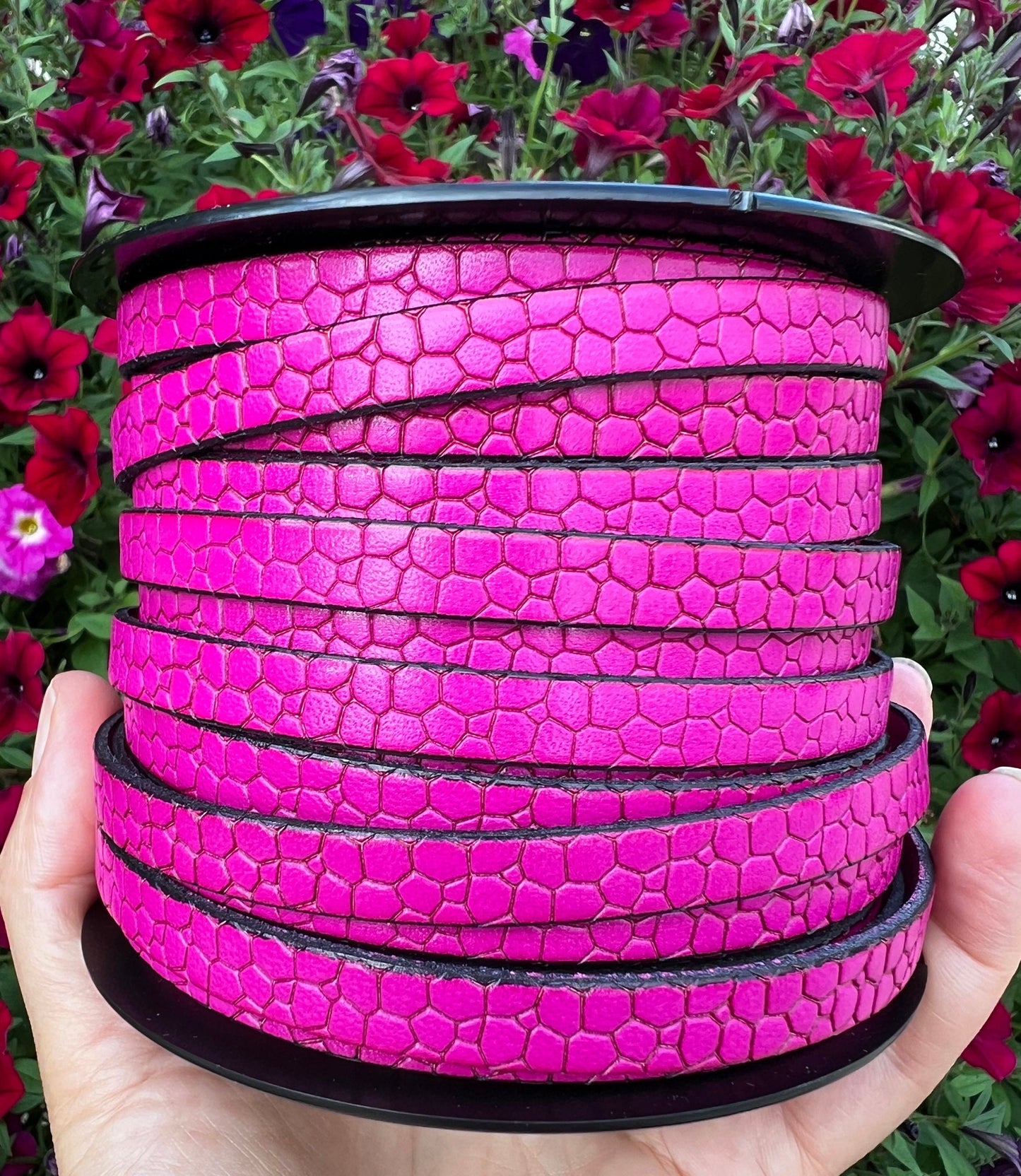 MADE in EUROPE 24" flat leather cord, alligator skin embossed 10mm  leather cord, 10mm hot pink engraved leather cord (AR250/10/25)