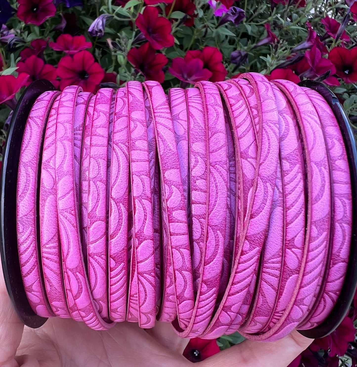 MADE in EUROPE 24'' flat 5mm embossed leather cord, 5mm flat pink leather cord, 5mm embossed leather cord (AR150/05/36)