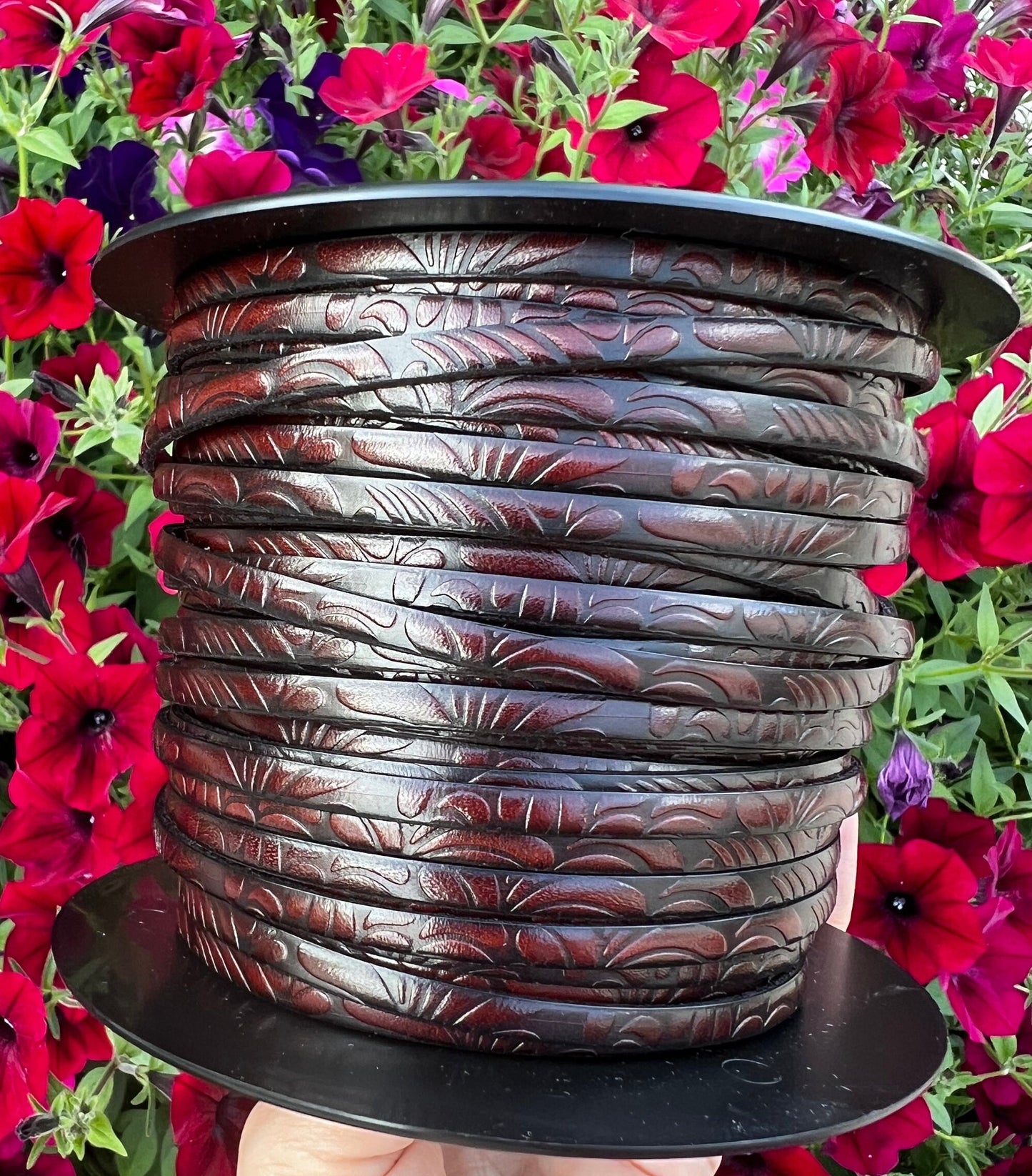 MADE in EUROPE 24'' flat 5mm engraved leather cord, 5mm flat brown leather cord, 5mm floral embossed leather cord(AR150/05/08)