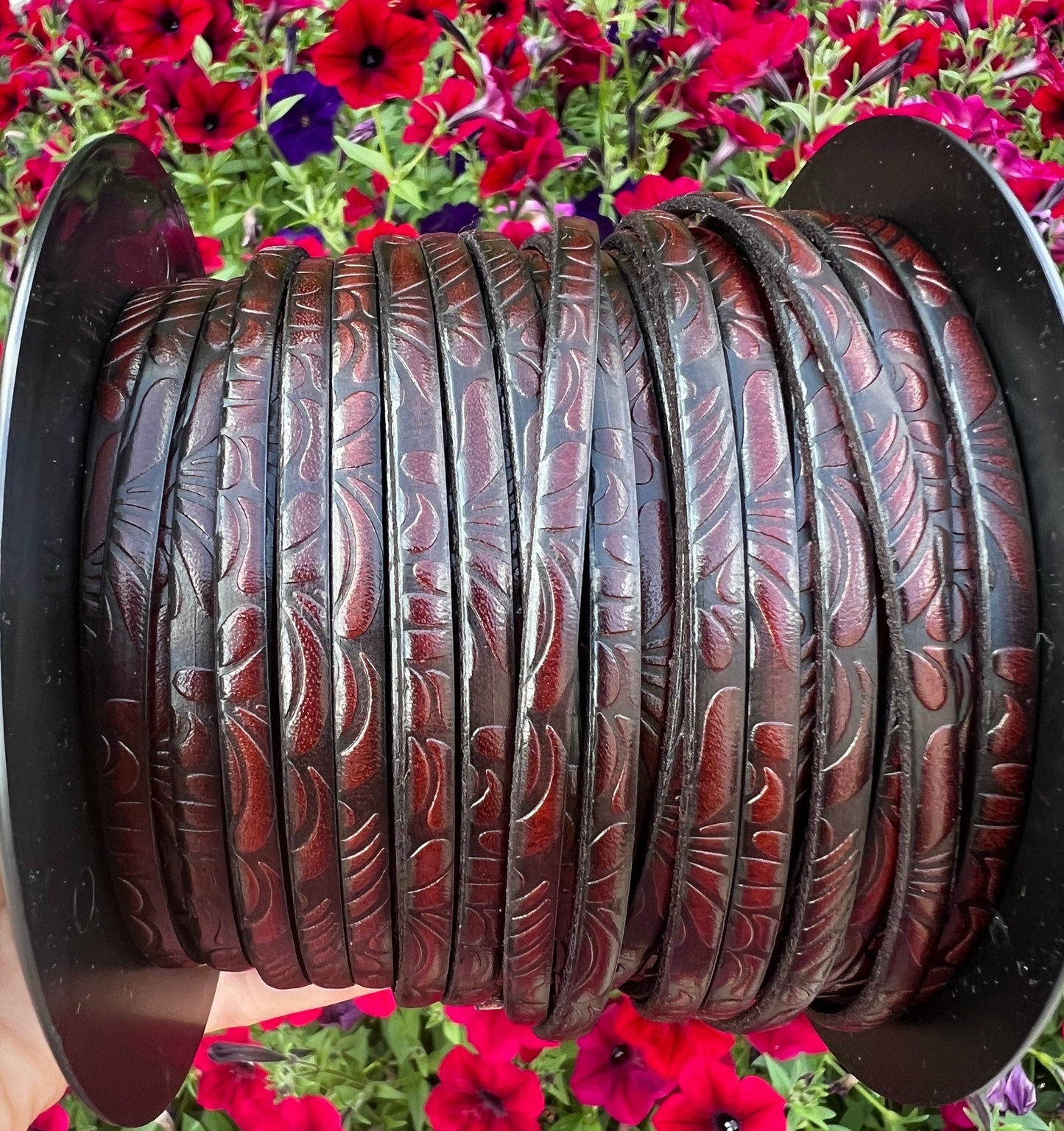 MADE in EUROPE 24'' flat 5mm engraved leather cord, 5mm flat brown leather cord, 5mm floral embossed leather cord(AR150/05/08)