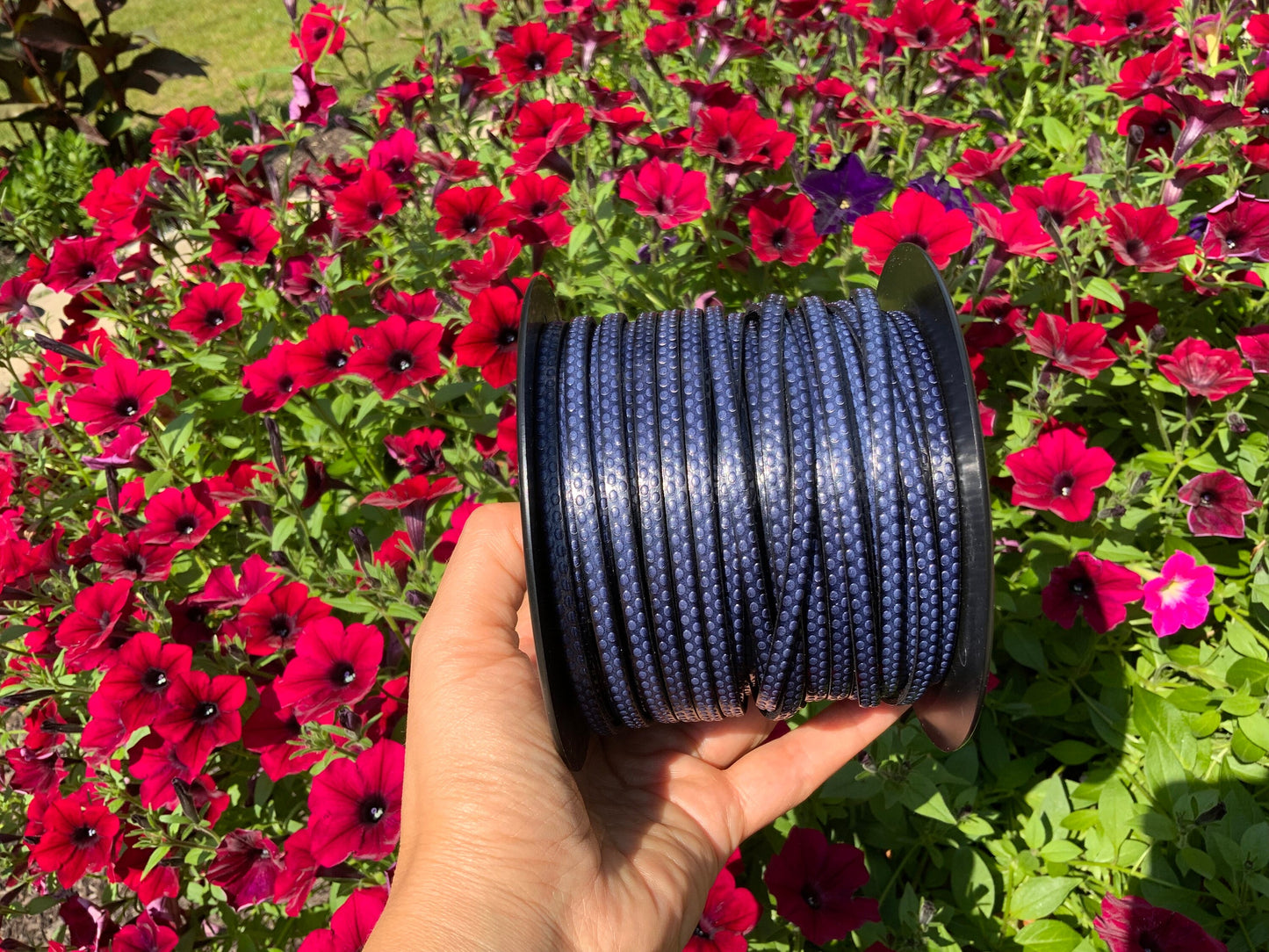 MADE in EUROPE 24" flat leather cord, polka dot embossed 5mm blue leather cord, genuine leather cord (AR110/05/20)