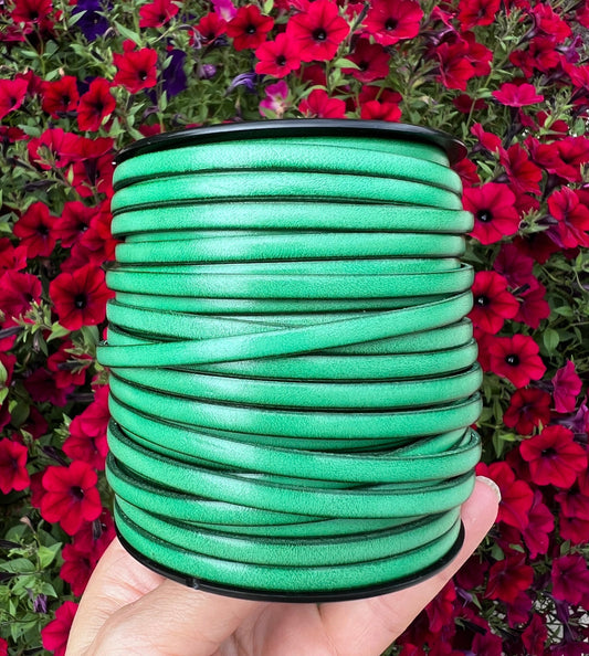 MADE in SPAIN 1 yard of 5mm green leather cord, 5x2mm flat leather cord (AR100/05HIERBA)