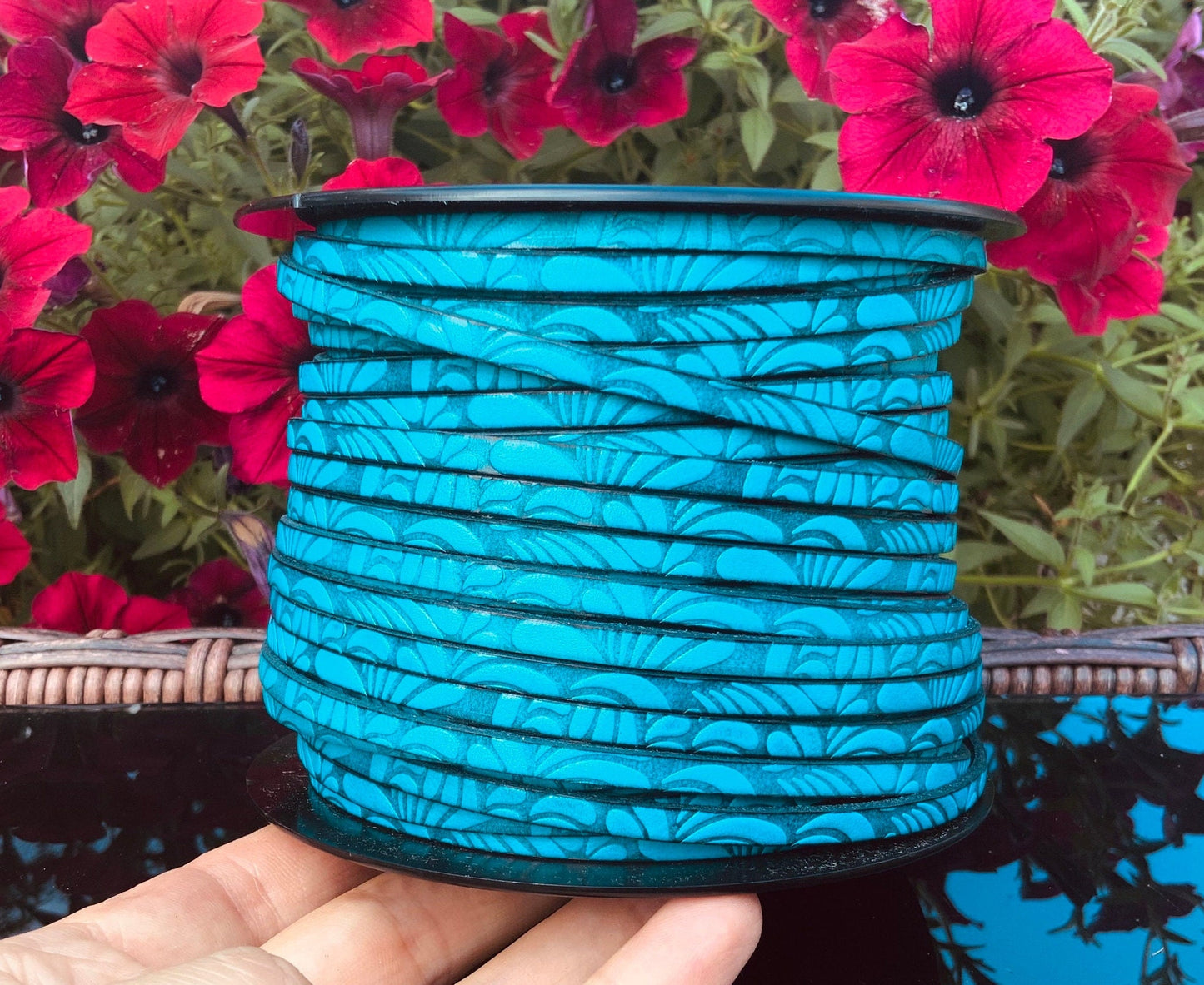 MADE in EUROPE 24'' flat 5mm floral engraved leather cord, 5mm flat leather cord, 5mm embossed leather cord(AR150/05/18)