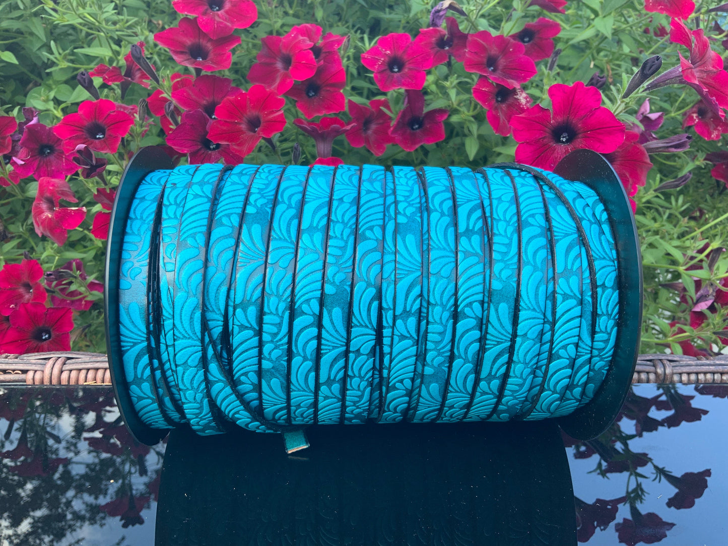 MADE in EUROPE 24" flat leather cord, 10mm leather cord, floral embossed leather cord (AR150/10/18)
