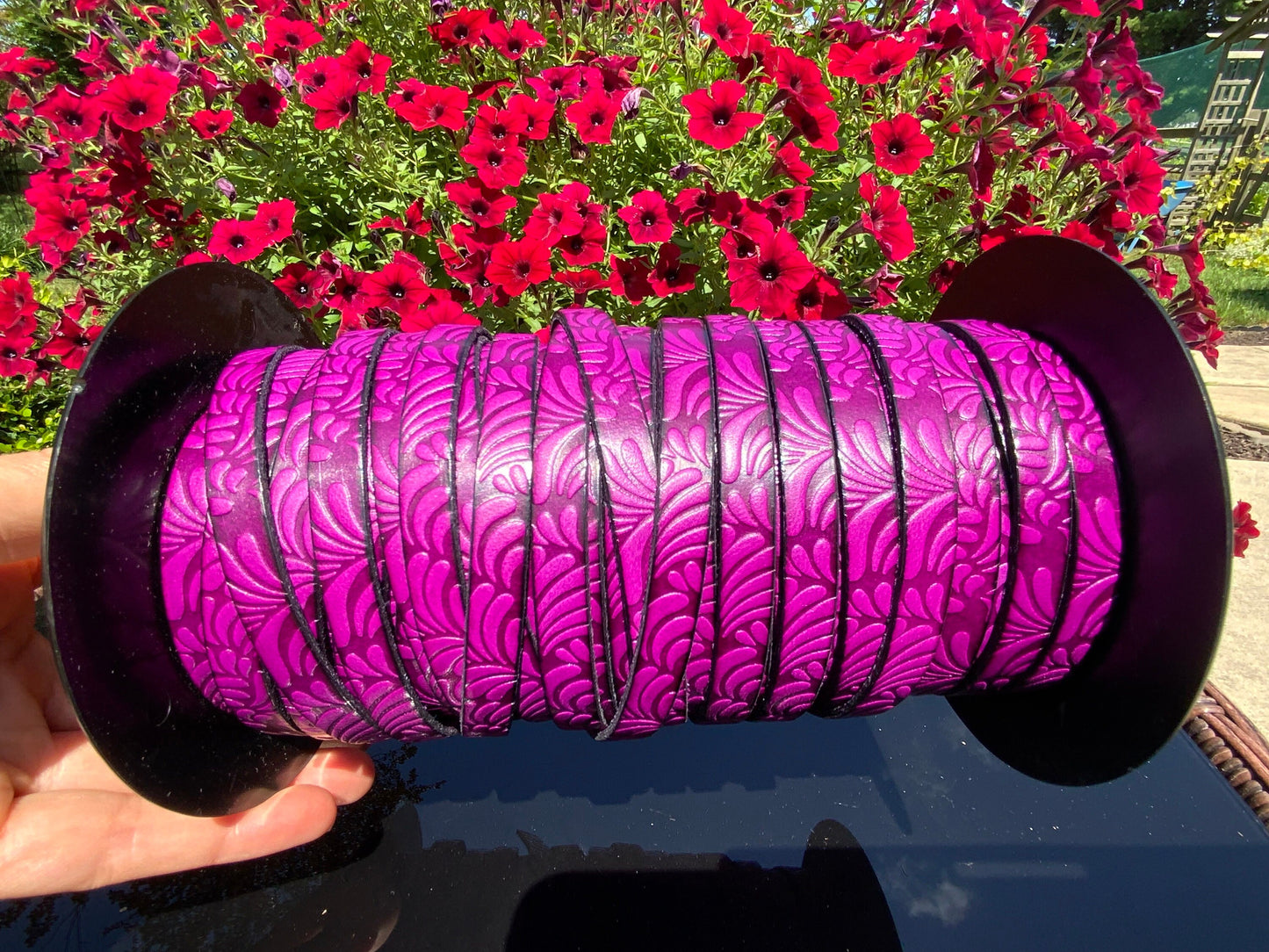 MADE in EUROPE 24" flat leather cord, 10mm leather cord, cyclamen embossed leather cord (AR150/10/24)