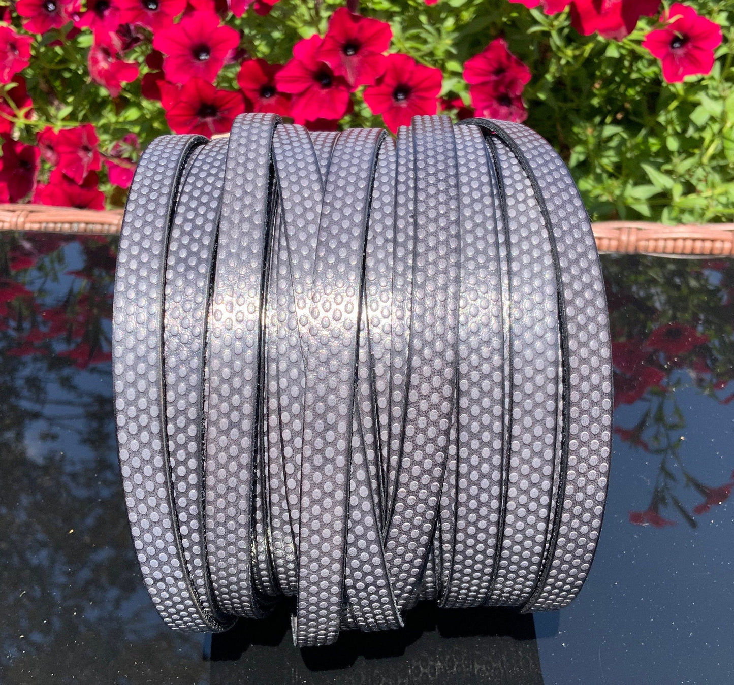 MADE in EUROPE 24" flat leather cord, embossed 10mm gray leather cord, engraved leather cord (AR110/10/32)