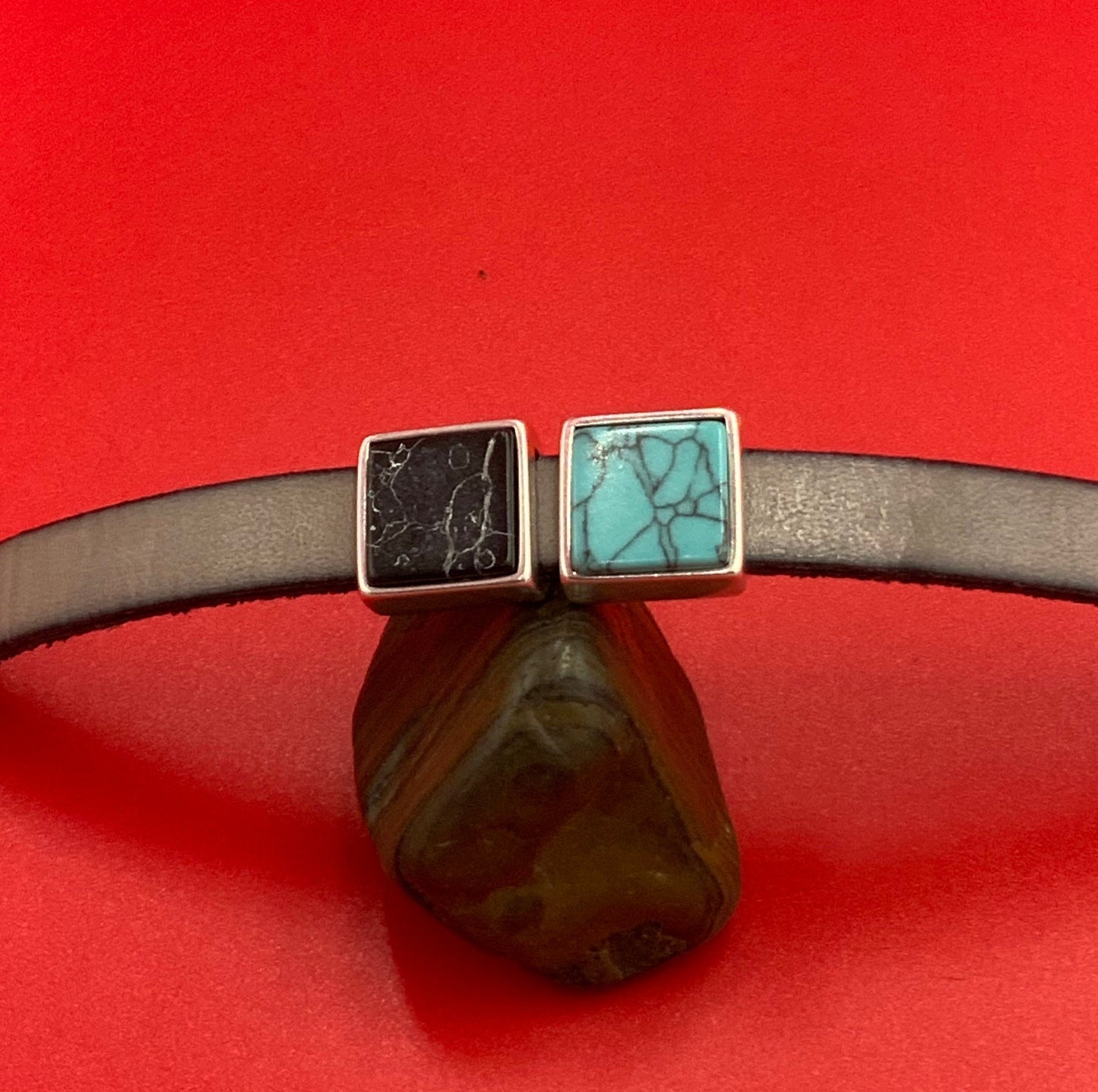 FS0624>>MADE IN EUROPE zamak square slider with natural gemstone, 10mm flat cord slider with natural stone cabochon, Qty1