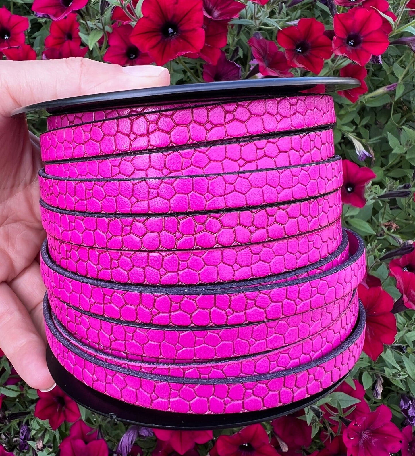 MADE in EUROPE 24" flat leather cord, alligator skin embossed 10mm  leather cord, 10mm hot pink engraved leather cord (AR250/10/25)