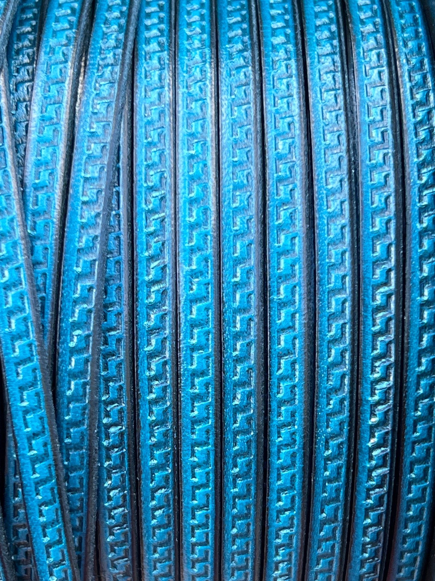 MADE in EUROPE 24'' flat 5mm Greek key engraved turquoise leather cord, 5mm flat leather cord, 5mm embossed leather cord(AR180/05/19)