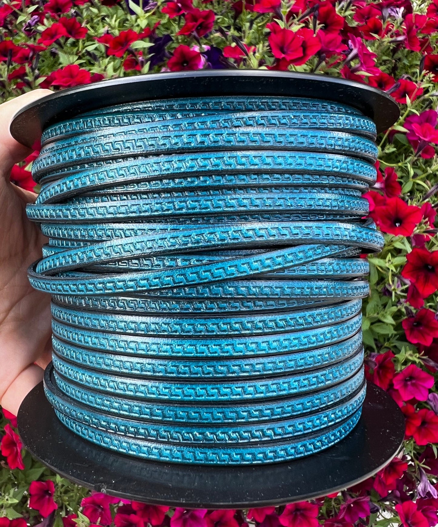 MADE in EUROPE 24'' flat 5mm Greek key engraved turquoise leather cord, 5mm flat leather cord, 5mm embossed leather cord(AR180/05/19)