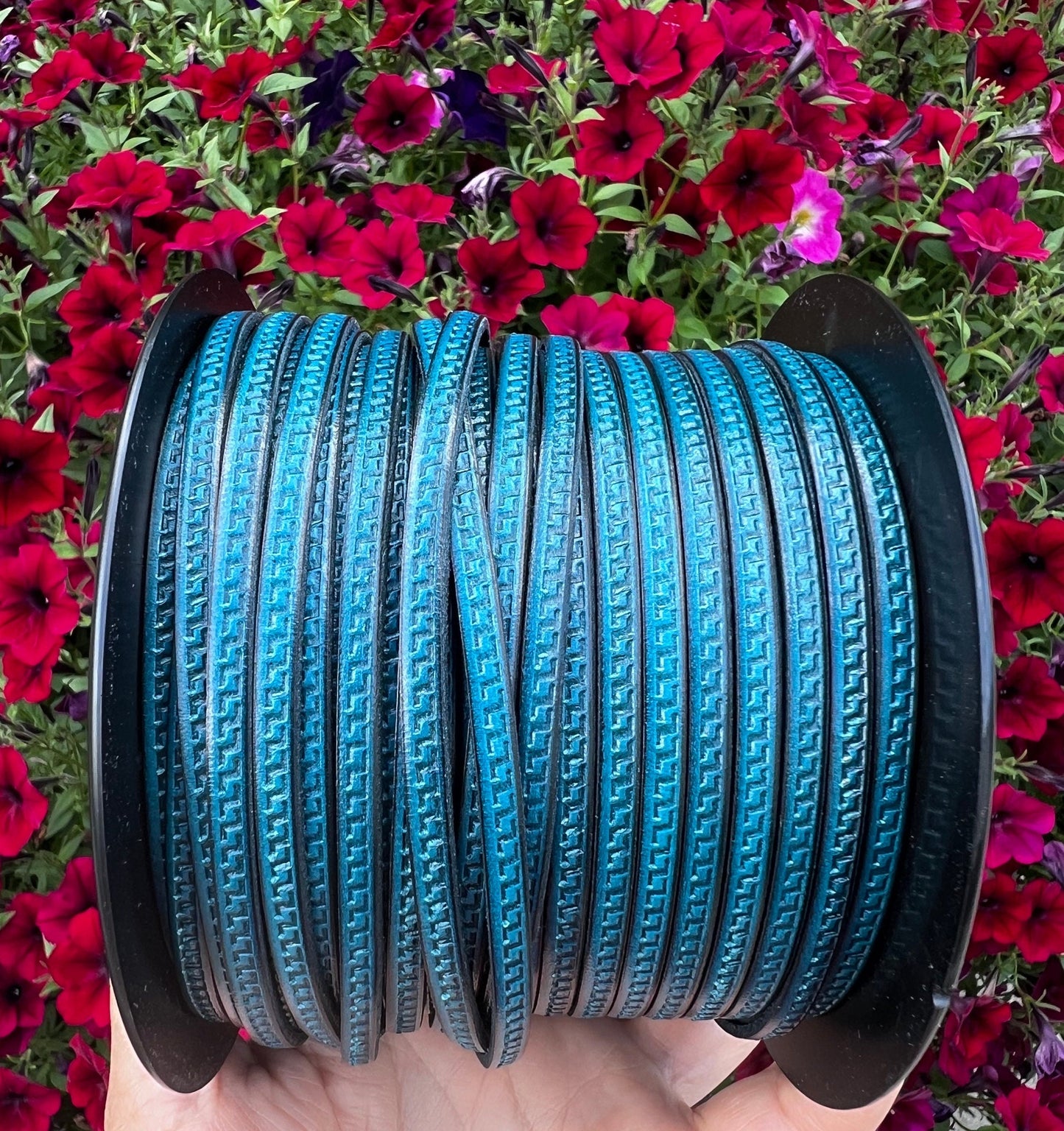 MADE in EUROPE 24'' flat 5mm Greek key engraved turquoise leather cord, 5mm flat leather cord, 5mm embossed leather cord(AR180/05/19)