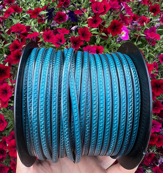 MADE in EUROPE 24'' flat 5mm Greek key engraved turquoise leather cord, 5mm flat leather cord, 5mm embossed leather cord(AR180/05/19)