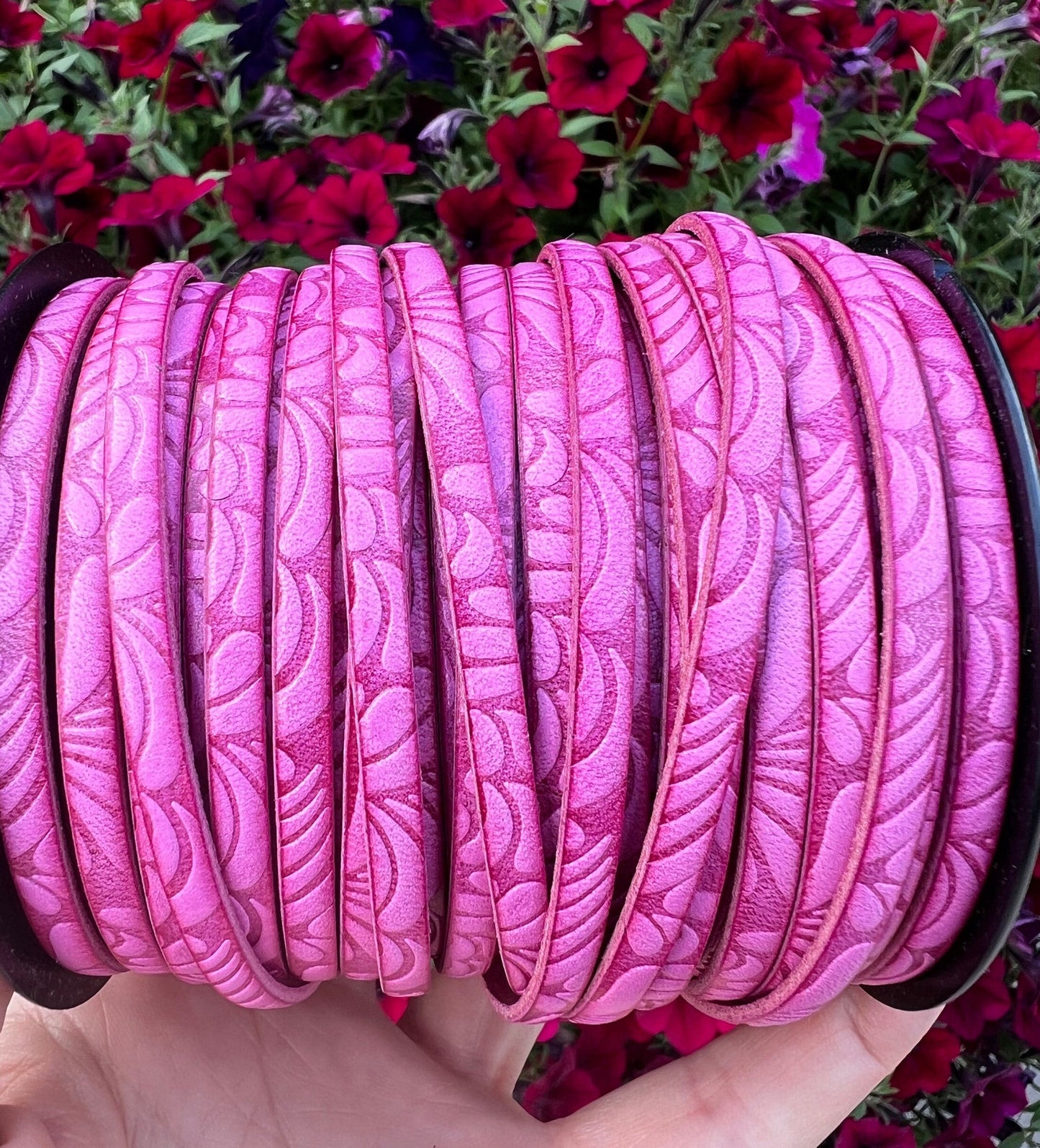 MADE in EUROPE 24'' flat 5mm embossed leather cord, 5mm flat pink leather cord, 5mm embossed leather cord (AR150/05/36)