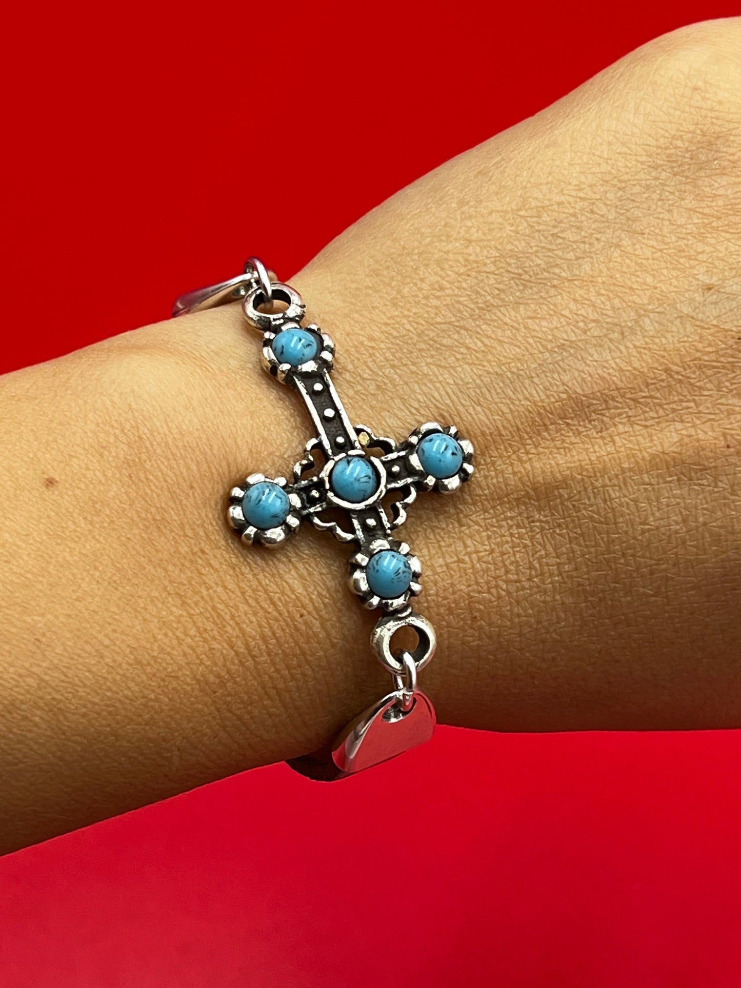 C0170>>MADE in EUROPE zamak cross connector with turquoise cabochons, bracelet cross connector, bracelet cross connector qty1