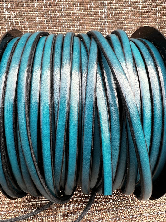 MADE in EUROPE 1 yard of 5mm turquoise flat leather cord, 5mm genuine leather cord, flat 5mm real leather cord (MARF5AZTUR)