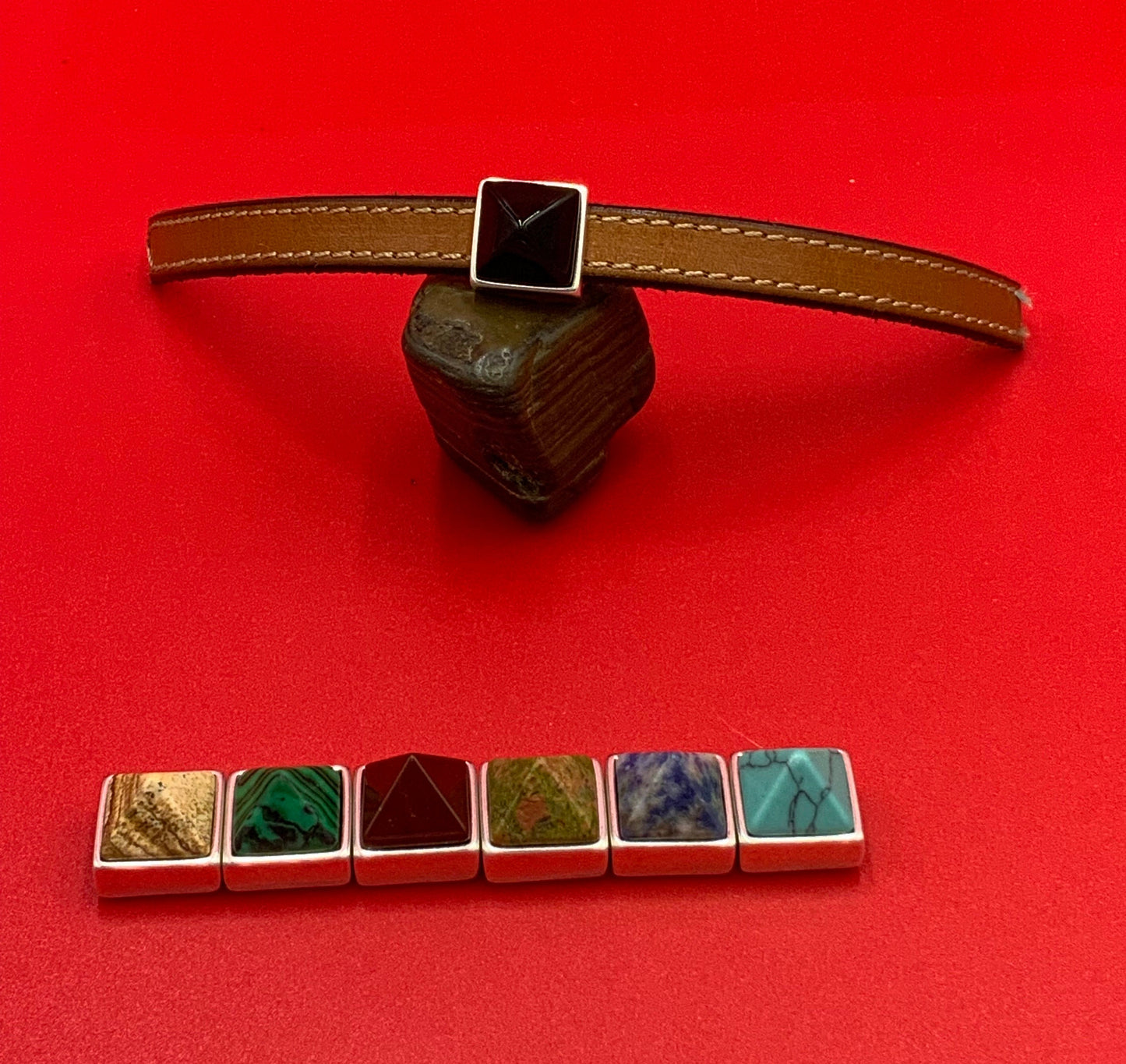 FS0623>>MADE IN EUROPE zamak square slider with natural gemstone, 10mm flat cord slider with natural stone cabochon, Qty1