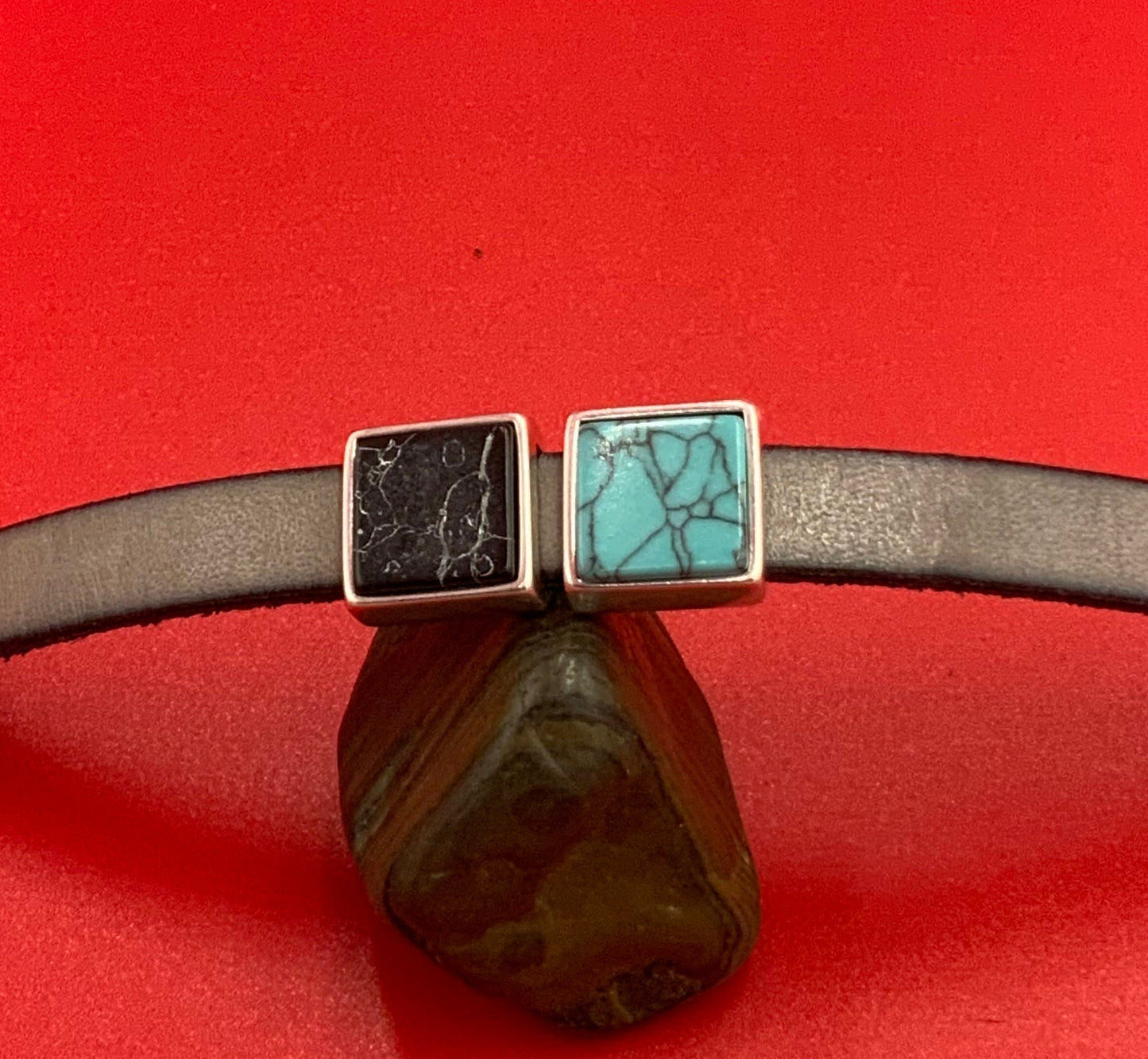 FS0624>>MADE IN EUROPE zamak square slider with natural gemstone, 10mm flat cord slider with natural stone cabochon, Qty1