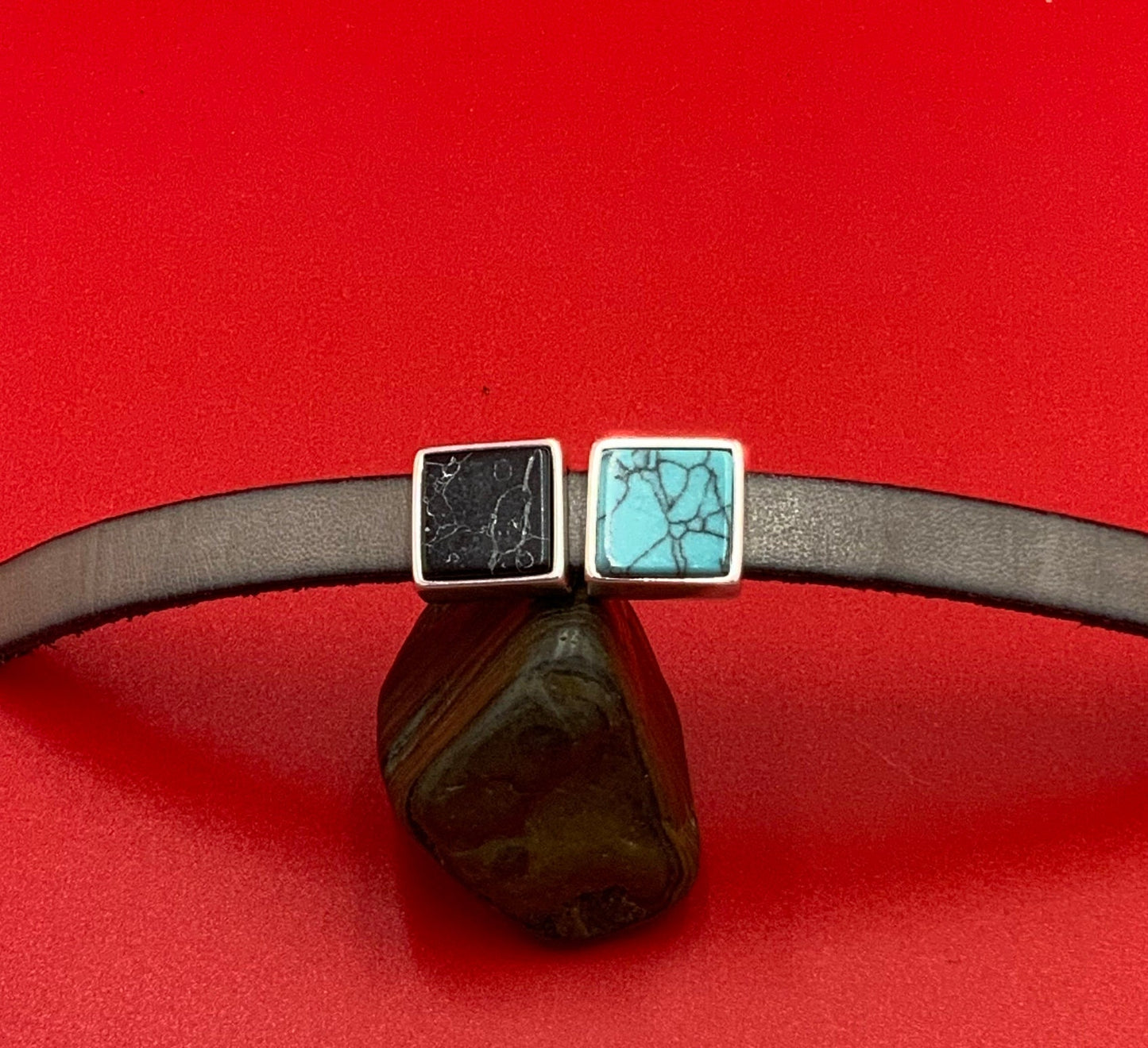 FS0624>>MADE IN EUROPE zamak square slider with natural gemstone, 10mm flat cord slider with natural stone cabochon, Qty1