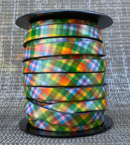 MADE in EUROPE 24'' multi color flat leather cord, 10mm plaid printed flat leather cord, 10mm printed leather cord (AR100/10/PICNIC)