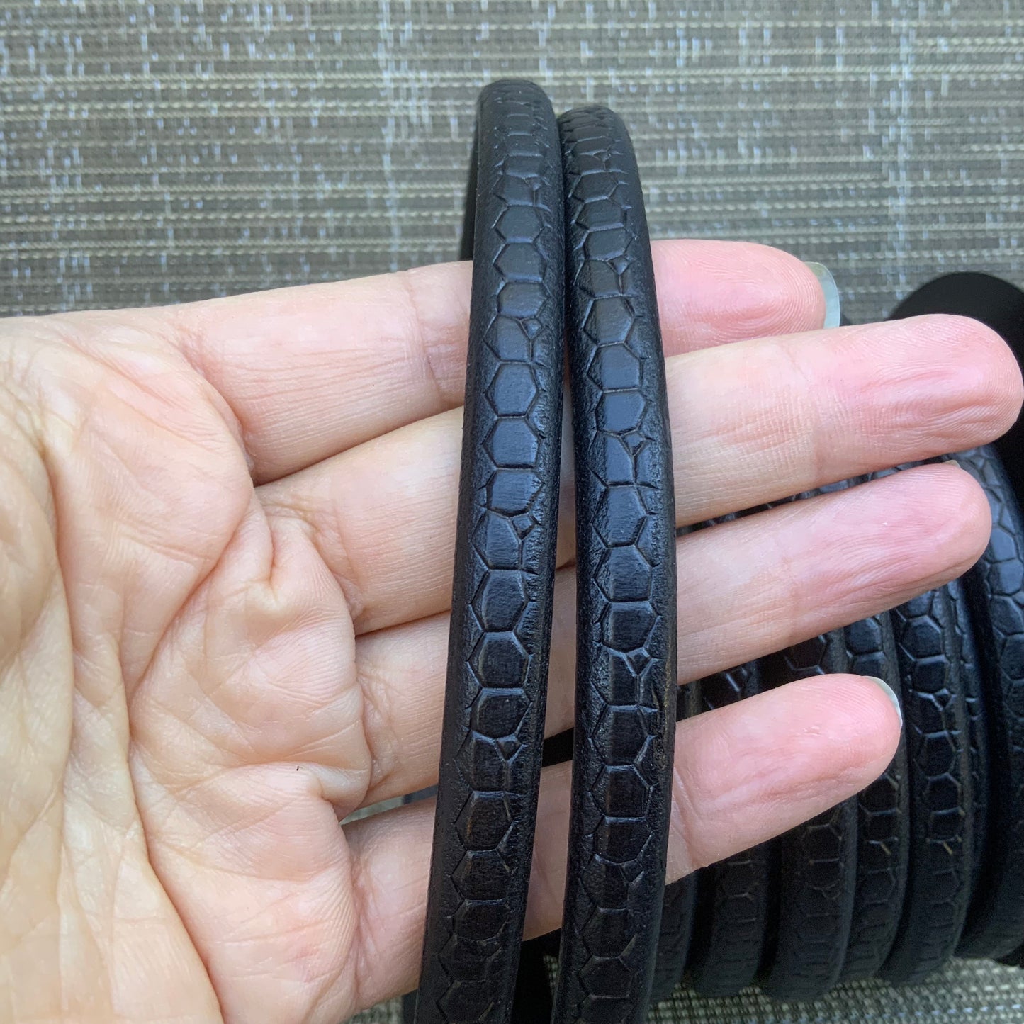 MADE in SPAIN  10x5.5mm licorice leather cord, embossed licorice leather cord, 8" black licorice cord (1MARL10CROCNEG)