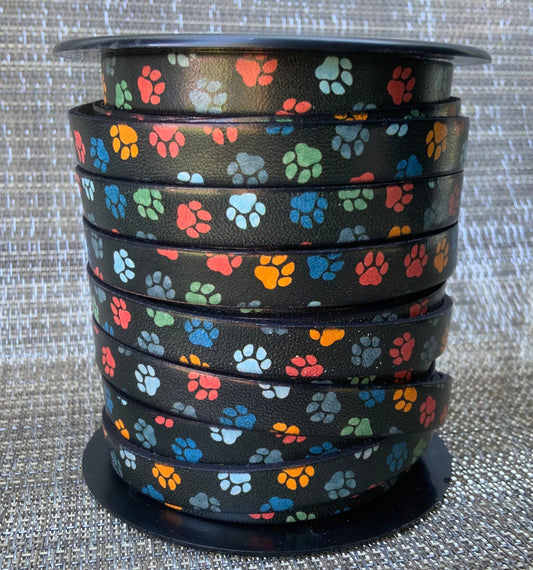MADE in EUROPE 24'' multi color flat leather cord, 10mm paw print flat leather cord, 10mm printed leather cord (MARF10PAW)