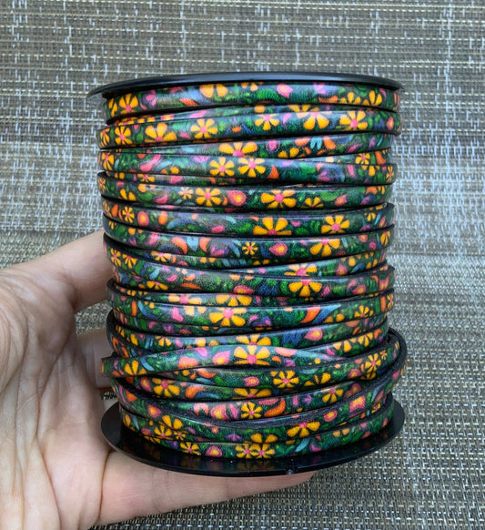 MADE in EUROPE 24'' multi color flat leather cord, flat floral leather cord, 5mm flower printed leather cord (AR100/05/flower)