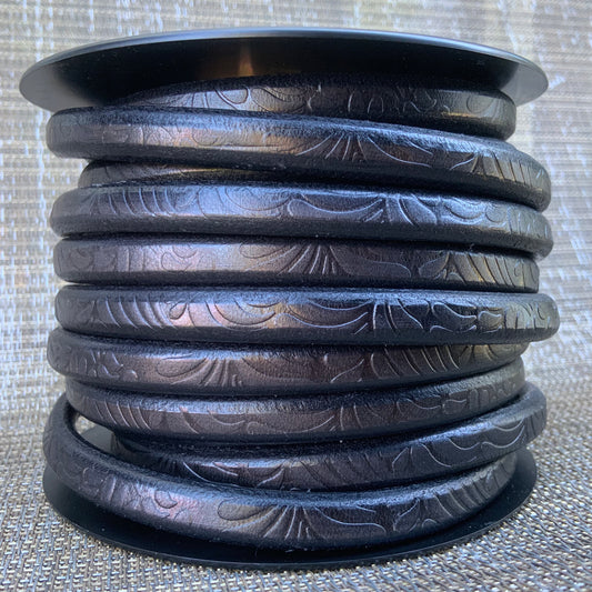 MADE in SPAIN  10x5.5mm licorice leather cord, embossed licorice leather cord, 8" black licorice cord (1MARL10PETNEG)