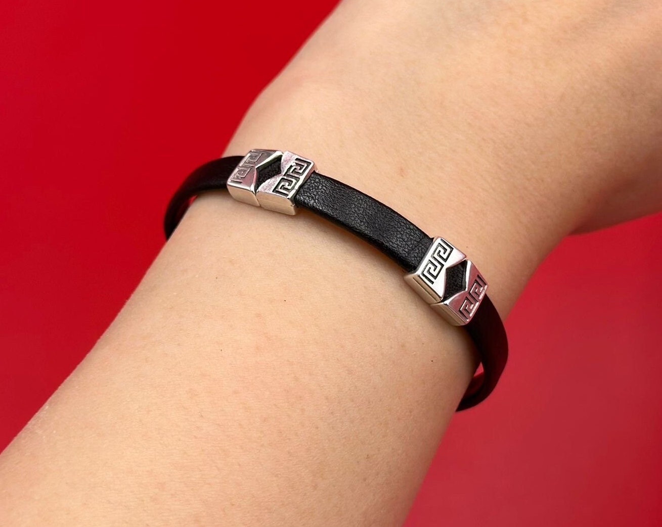 FS0645>>MADE in EUROPE 4 Zamak sliders for 6mm cord, flat cord slider, zamak 6mm sliders with Greek key pattern qty4