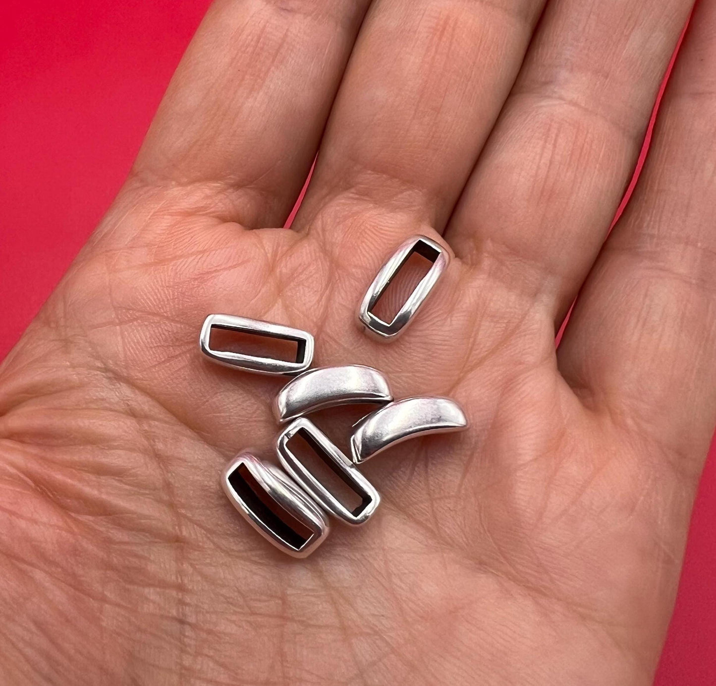 FS0041>>MADE IN EUROPE 6 zamak curved slider bars, flat cord slider, 10mm flat cord sliders, silver bar sliders Qty6