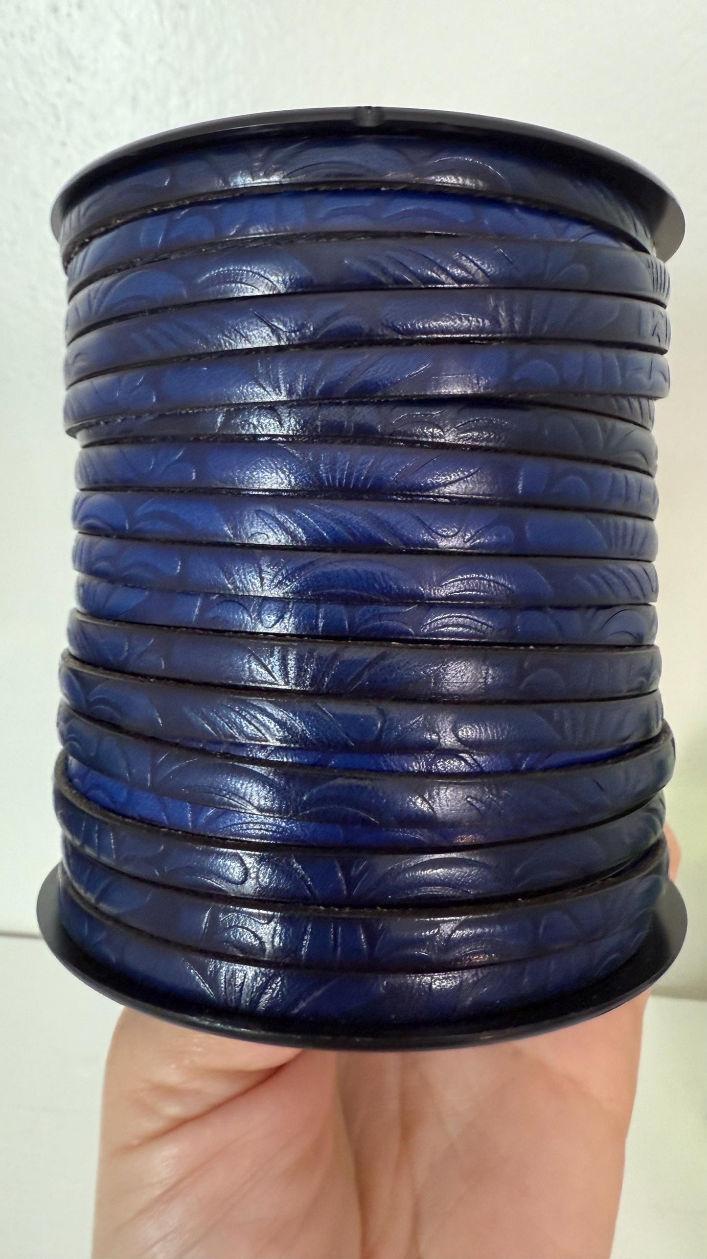 MADE in EUROPE 24'' flat 5mm engraved leather cord, 5mm flat royal blue leather cord, 5mm floral embossed leather cord(AR150/05/22)