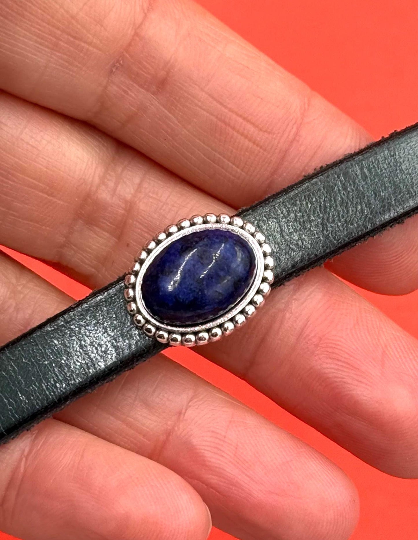 FS0681>>MADE IN EUROPE zamak oval slider with natural gemstone, 10mm flat cord slider with natural stone cabochon, Qty1