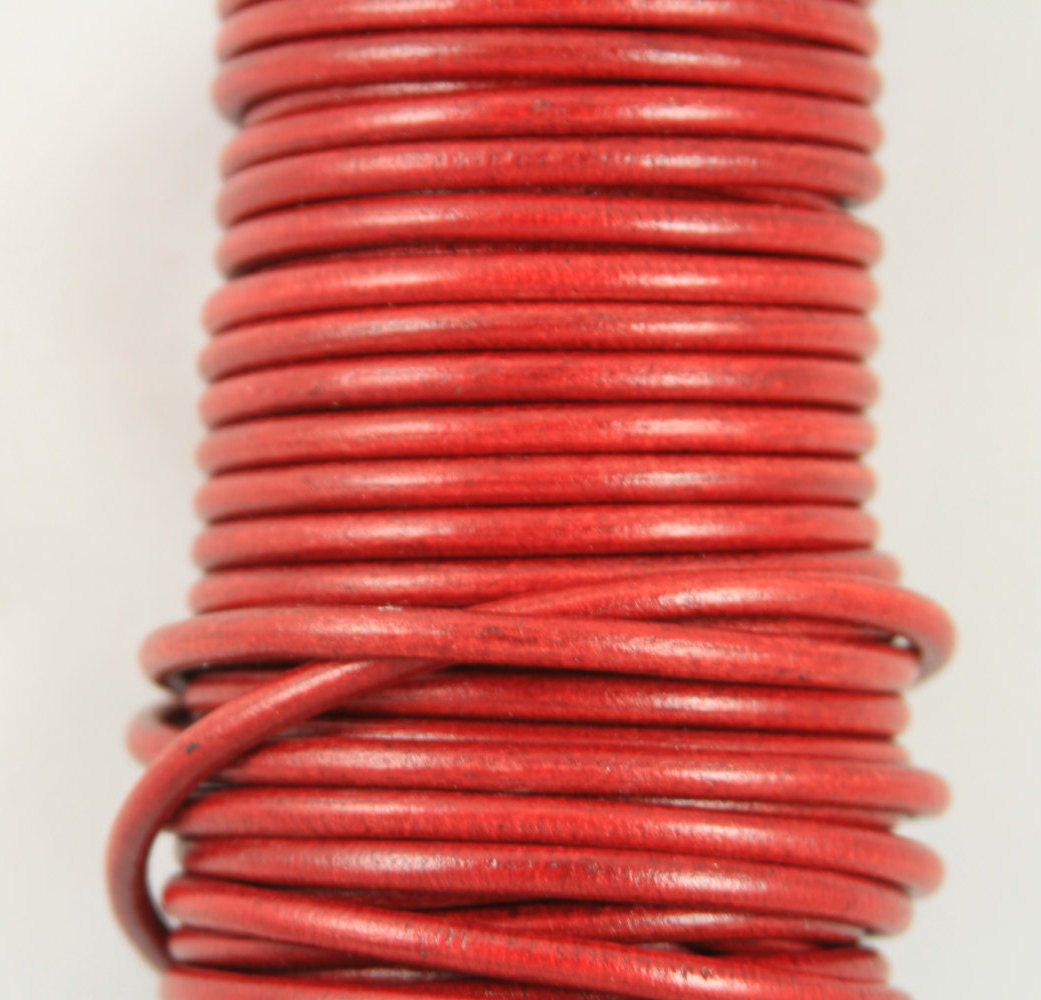 MADE IN SPAIN 2 feet (24"/61CM) red round leather cord, 5mm round leather cord, (5ANIROJ)